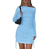PRETTYGARDEN Long Sleeve Dress for Women 2026 Fall Off The Shoulder Cocktail Party Spring Mini Ruched Bodycon Dresses