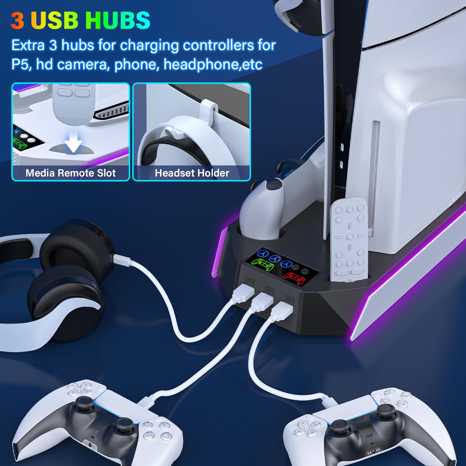 PS5/PS5-Slim-Cooling-Station-with-Controller-Charging-Station for PlayStation 5 Console Disc/Digital, LED RGB Light Cooling Stand with Cooler Fan for PS5 Accessories with 3 USB Hubs/Headset Holder