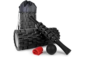 JOYENERGY 5 in 1 Foam Roller Set High Density Foam Roller Patented, Massage Stick, Massage Ball, Stretching for Deep Muscle Massage Pilates Yoga, Fitness Exercise for Trigger Point Release (Black)