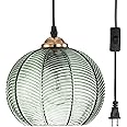 AOODU Plug in Pendant Light, Green Glass Pendant Light 14.75ft Hanging Light with Plug in Cord Hand Blown 1-Light Hanging Lamp Plug in Pendant Lighting for Kitchen Bedroom Living Dining Room