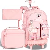 AGSDON Rolling Backpack for Girls, 21" Women Roller Wheels Bookbag, Laptop Wheeled Suitcase School Backpacks with Lunch Bag for Teens