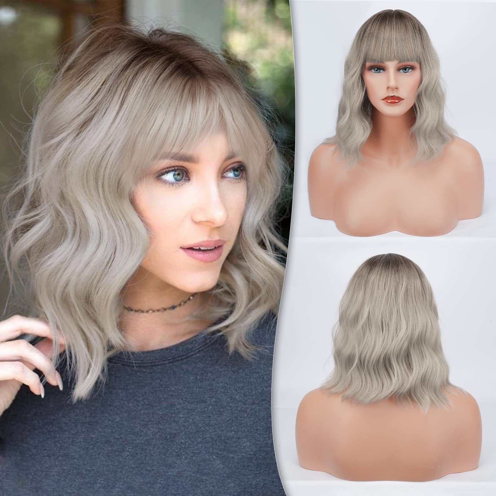 BARSDAR Pastel Wavy Wig Fluffy Lovely Curly Wigs with Bangs 14 Inches Soft Heat Resistant Synthetic Hair Shoulder Length Cosplay Party Wig with Free Wig Cap for Women/Girl- Grey