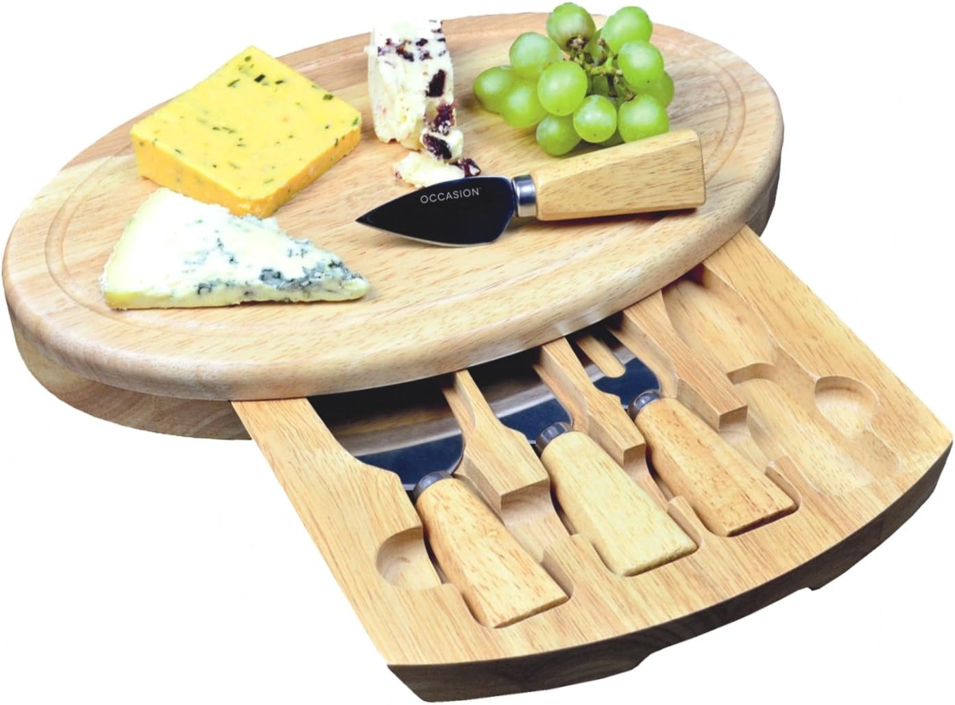 Large Oval Cheese Board Set With Integrated Drawer And 4