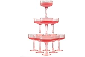 Goodluck 3-Tier Champagne Tower - 10 PCS 7oz Pink Plastic Champagne Flutes, Butterfly Shape with Vertical Stripes for Wedding