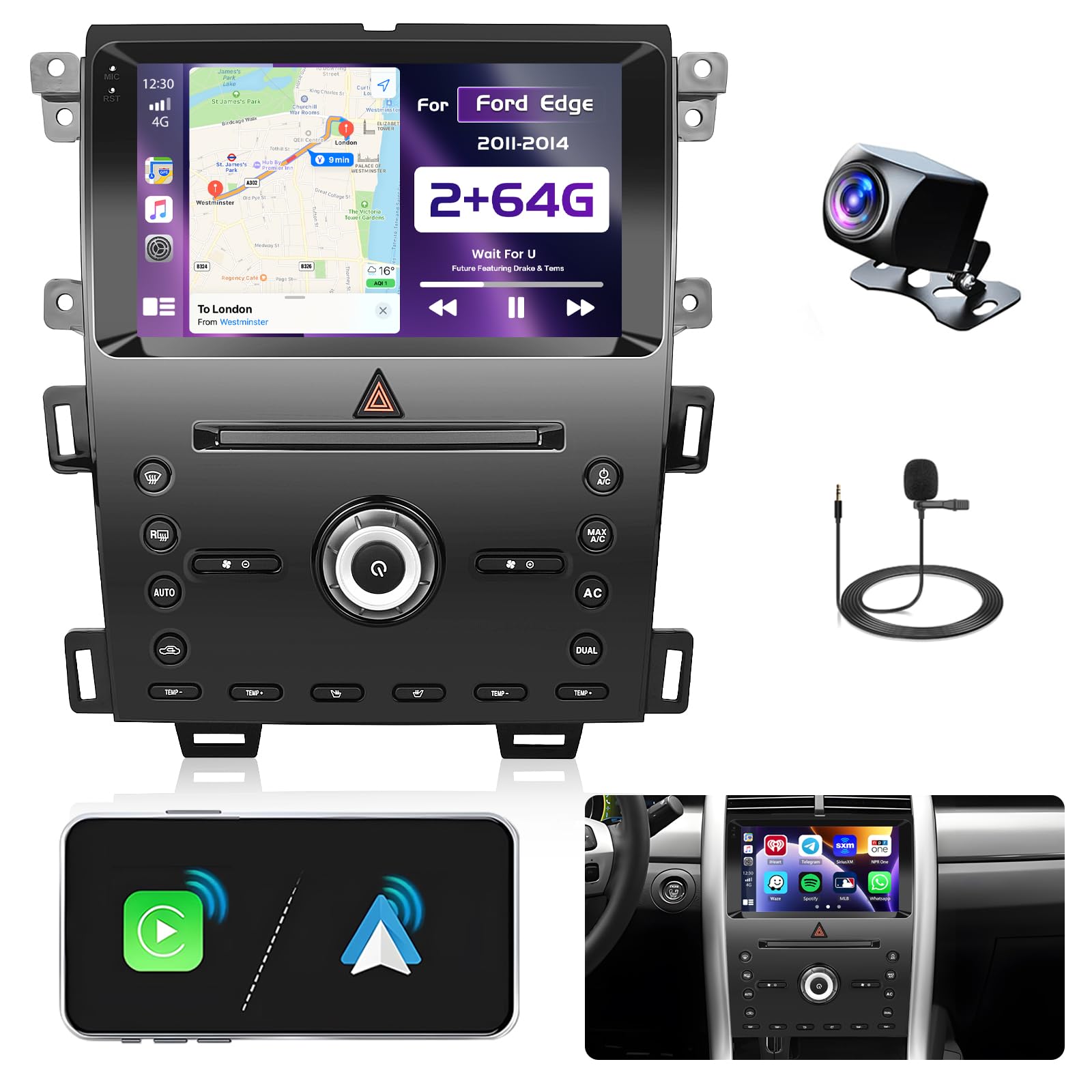 Photo 1 of [2G+64G] Android Radio for Ford Edge 2011 2012 2013 2014 with Wireless Carplay Android Auto, 9" Touch Screen Car Radio Support GPS/WiFi/Bluetooth/26UI/Voice Control/SWC/Backup Camera