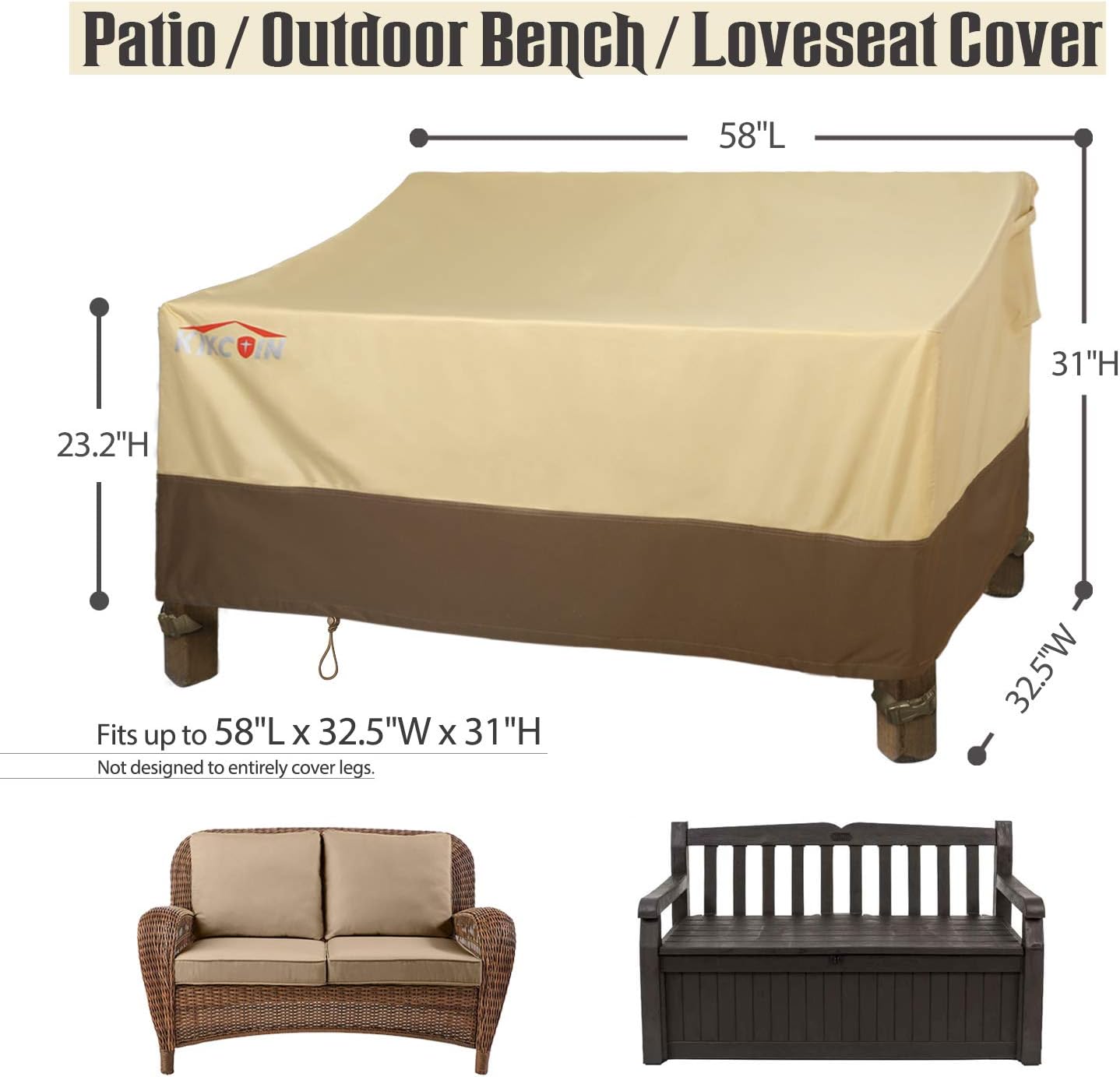 Patio Loveseat Cover, Waterproof Outdoor Sofa Cover 58" L x 32.5" W x 31" H, 600D Heavy Duty Patio Bench Couch Cover with 4 Air Vents for All Weather, Lawn Patio Furniture Covers (Khaki, Brown): Kitchen & Dining