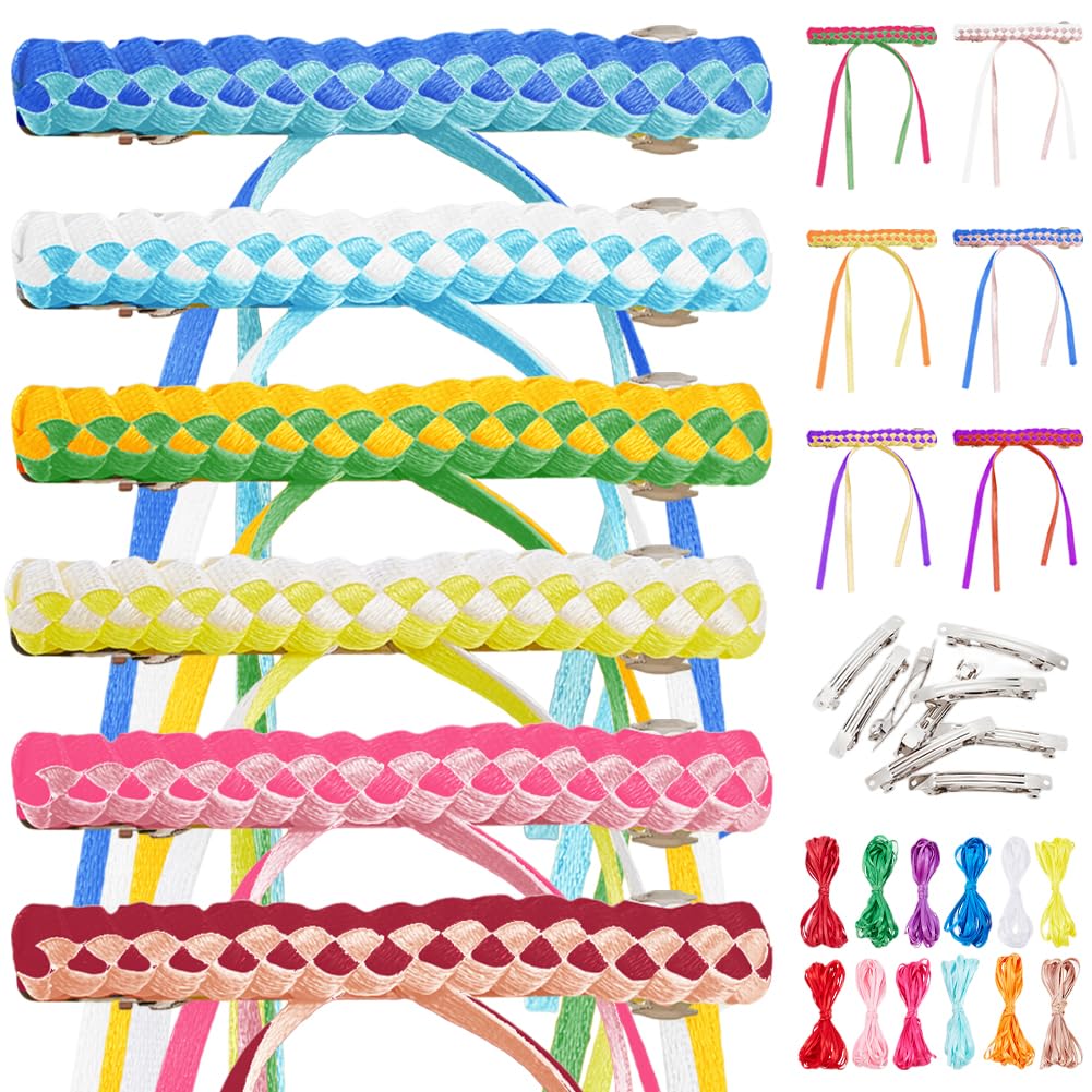 FREEBLOSS 12 Set DIY Ribbon Barette KitGrosgrain Ribbon Barrette Set DIY Hair Clips Kit Retro Ribbon Barrettes Making Kit Ribbon Hair Accessories for Girls Instructions Included