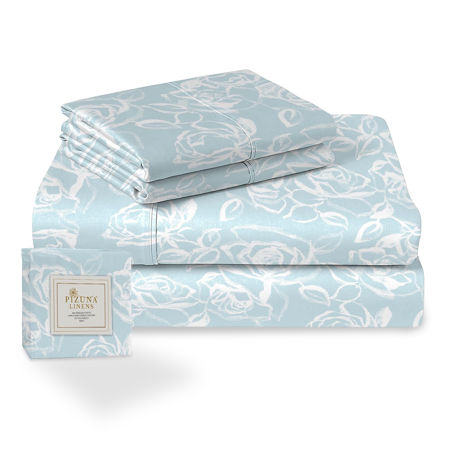 Pizuna Cotton Simply Floral Blue Printed Bedding Sets Super King, 400 thread Count 100% Long Staple Cotton Sateen Bed Sheets Includes 1 Fitted Sheet, 1 Flat Sheet, 2 Pillowcases (Printed Bed Sheets) — image 1