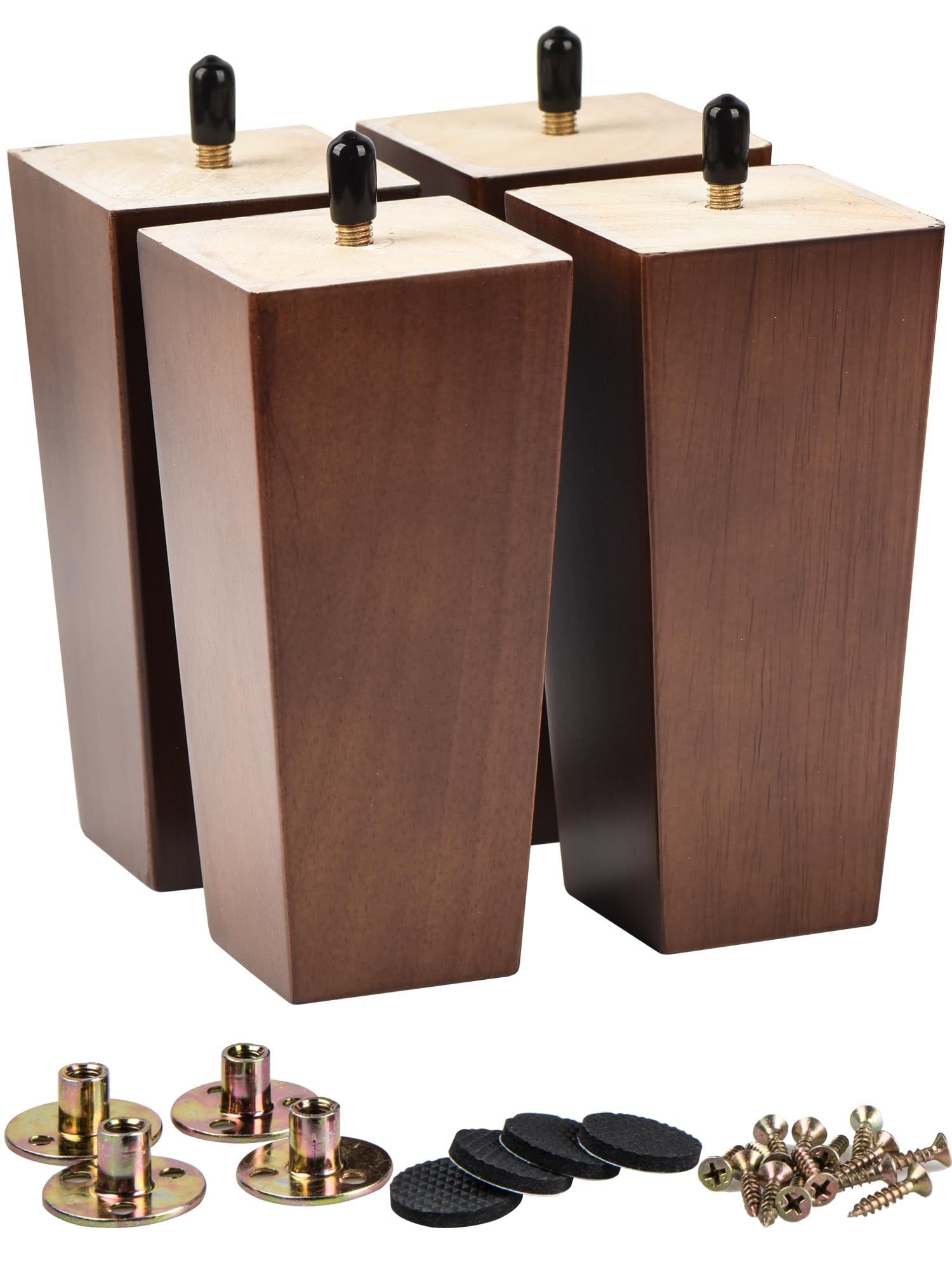La Vane 6 inch / 15cm Solid Wood Furniture Legs Set of 4, Walnut Square Pyramid Replacement Feet for Couch Sofa Armchair - Mid-Century Modern with Pre-Drilled M8 Bolt & Metal Mounting Plates