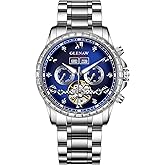 GLENAW Automatic Watch for Men- Luxury Crystal Bezel Complete Calendar Mechanical Day Date Tourbillon Watch for Men Luminous with Stainless Strap