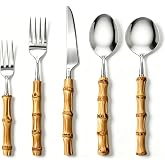 20-Piece Bamboo Handle Silverware Set for 4, 18/8 Stainless Steel Flatware Includes Knives, Forks and Spoons, Rust-Resistant Reusable Cutlery for Kitchen, Dining and Camping