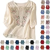 Linen Tops For Women Embroidered 3/4 Sleeve Bohemian Peasant Shirts V Neck Boho Spring 2026 Gauze Cotton Blouse Tunic