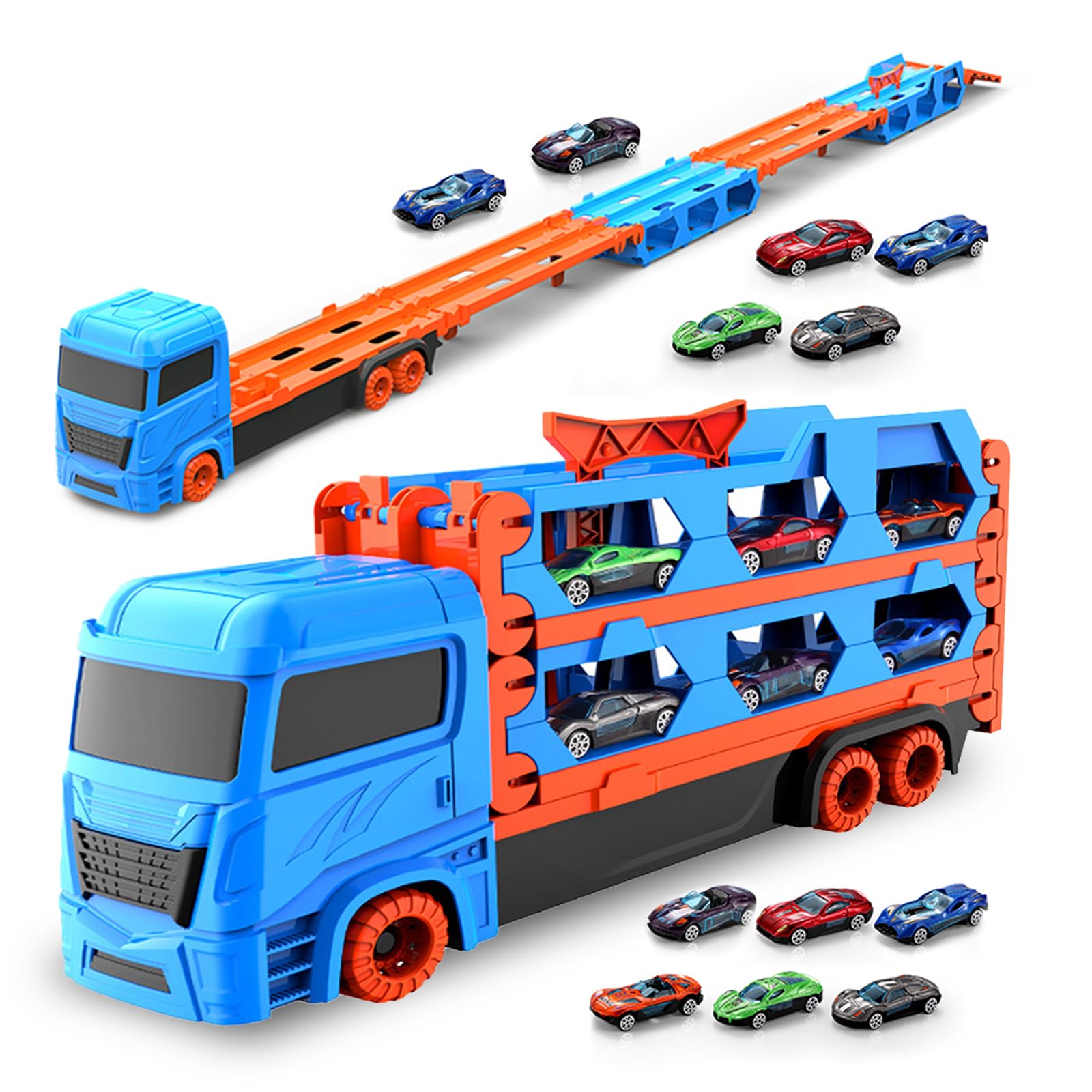 MR.HOKWY Transporter Truck with Cars & Race - Portable Race Track for Boys Ages 3-6