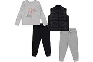 STITCH & STONE 4 Piece Toddler Boys' Outfit Set Long Sleeve Dinosaur Graphic Shirt, Puffer Vest, and 2 Jogger Sweatpant