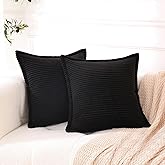 Linecooo Corduroy Black Throw Pillow Covers Set of 2 Striped Boho Decorative with Edge Design,Super Soft Throw Pillow Cushion Covers for Couch Sofa Living Room Solid Square 18×18inch/45cm×45cm