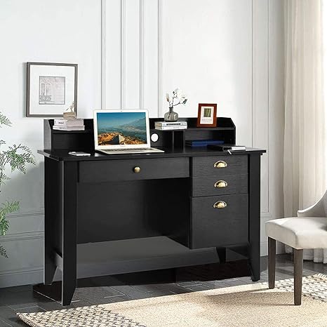 Amazon Com Computer Desk With 4 Drawers And Hutch Executive Desk Teens Study Student Desk Writing Home Office Desks For Bedroom Small Spaces Wood Furniture Vintage Style Black Kitchen Dining