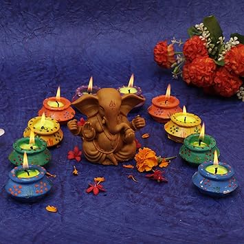 Perpetual Diwali Diya for Decoration Handmade Earthen Clay Terracotta Decorative Diya 10 Pcs Set with Lord Ganesha Tealight Candle Festival Diya Oil Lamps.