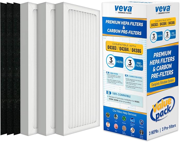 VEVA Complete Premium 3 HEPA Style Filters and 3 Full-Size Activated Carbon Pre-Filters Replacement Filter Pack Compatible with HB Air Purifier 04386A, 04383, 04385, 04384, 990051000