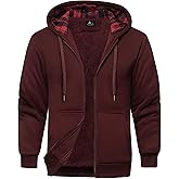 Men's Sherpa Jacket Fleece Lined Zip Up Plaid Hood Heavyweight Sweatshirt Winter Warm Thick Coat with Elbow Patches