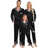 SWOMOG Family Christmas Pajamas Matching Sets Silk Family Pajamas Long Sleeve Button Down Pj Set