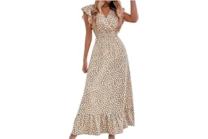 QotLoyi 2024 Womens Summer Dresses Casual Boho Floral Ruffle Sleeve Midi Dresses Trendy Tie Waist V-Neck Sundress Beach Dress