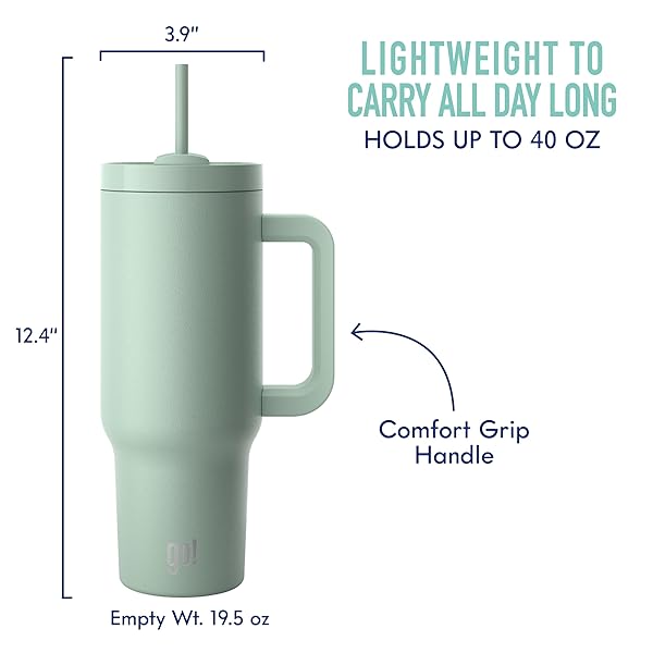 GO! 40OZ STAINLESS STEEL HANDLE TUMBLER WITH TRIPLE INSULATION & COPPER LINING – KEEPS DRINKS COLD FOR 18 HOURS & HOT FOR 6 – SPILL-RESISTANT DUAL-FUNCTION LID WITH STRAW AND SWEAT-FREE (MINT GREEN)
