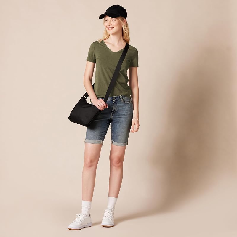 Damen T-Shirt Regular Fit mit kurzen Ärmeln und V-Ausschnitt, 2er-Pack, Olivgrün/Haferbeige Meliert, M