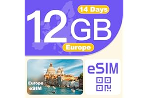 GENERIC Europe eSIM Card 12GB 14Days - 4G LTE High-Speed Network, Prepaid eSIM for 32 Countries (Including Switzerland), Hotspot Support, High Coverage Multi-Carrier for Unlocked iPhone and Android