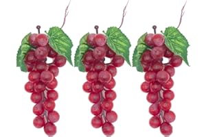 FEATUMAN 3 Bunches Artificial Grapes Fake Fruit, 6.1 Inch Decorative Fruit Lifelike Grapes for Craft, Plastic Fruit for Party Kitchen Pub Wedding Fall Harvest Farmhouse Photography Props (24 Grains Red)