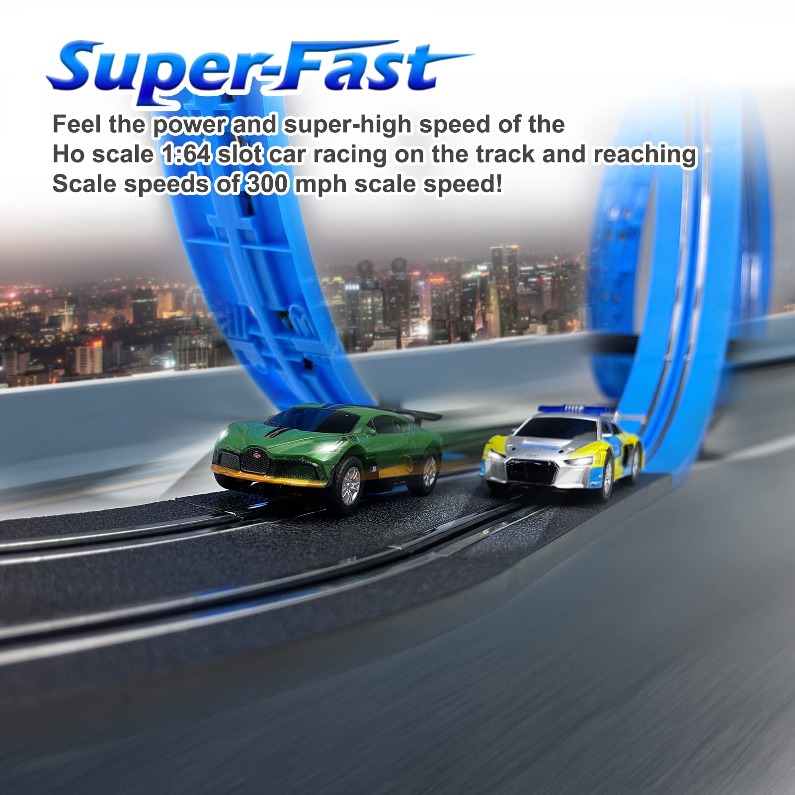 AGM MASTECH Slot Car Race Track Set, High Speed Series Tram Dual Track Set with 4 Licensed Racing Slot Cars, 2 Hand Controls, Track Parts and Lap Counter, 5.7M Long Track, Black