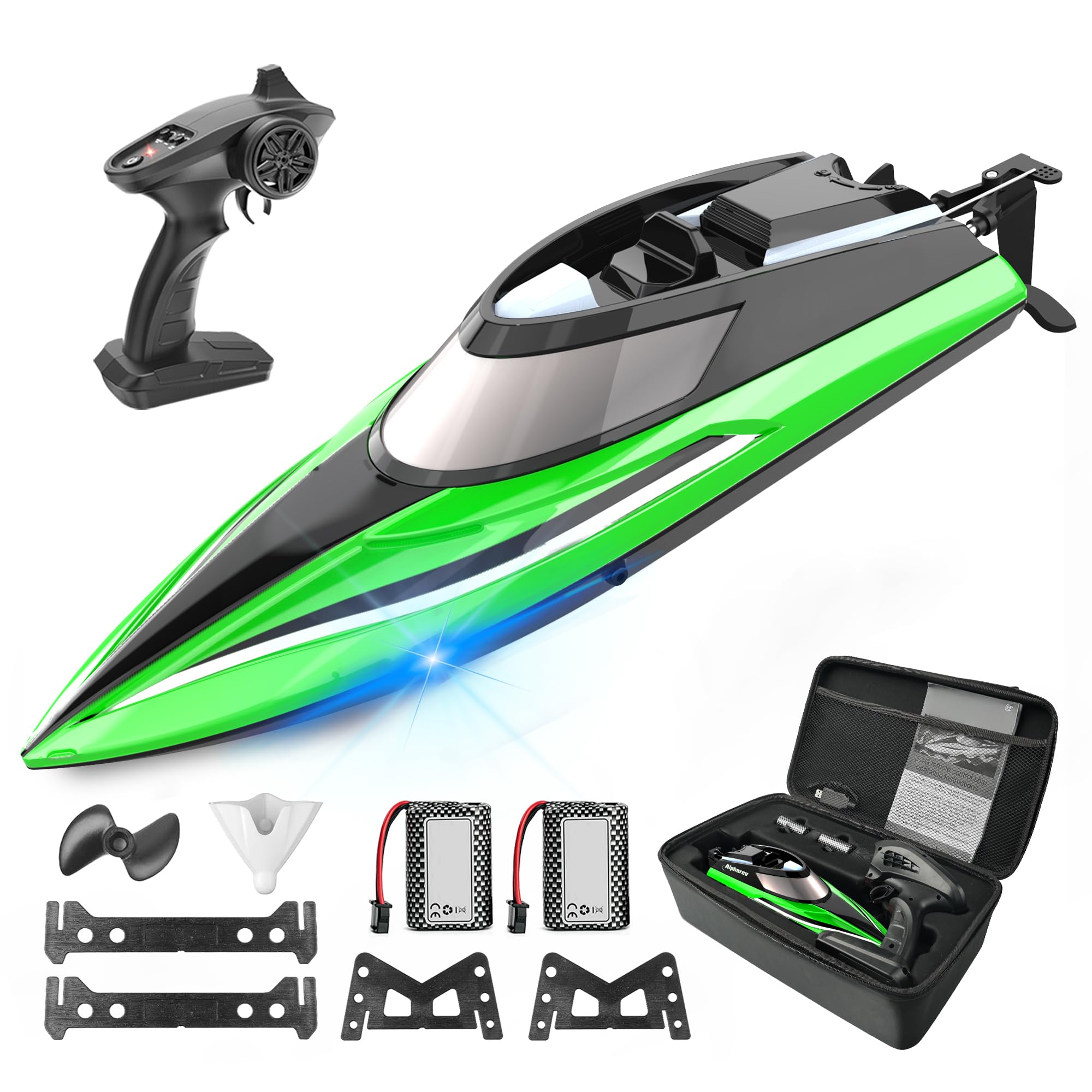 BEZGAR RC Boat, 14 inch Remote Control Boat - Self-righting, 40 Min Dual-Battery, 32 KPH Fast RC Boats for Kids & Adults with LED Lights for Pool, Lake, Ocean, Waterproof & Suitcase - Green