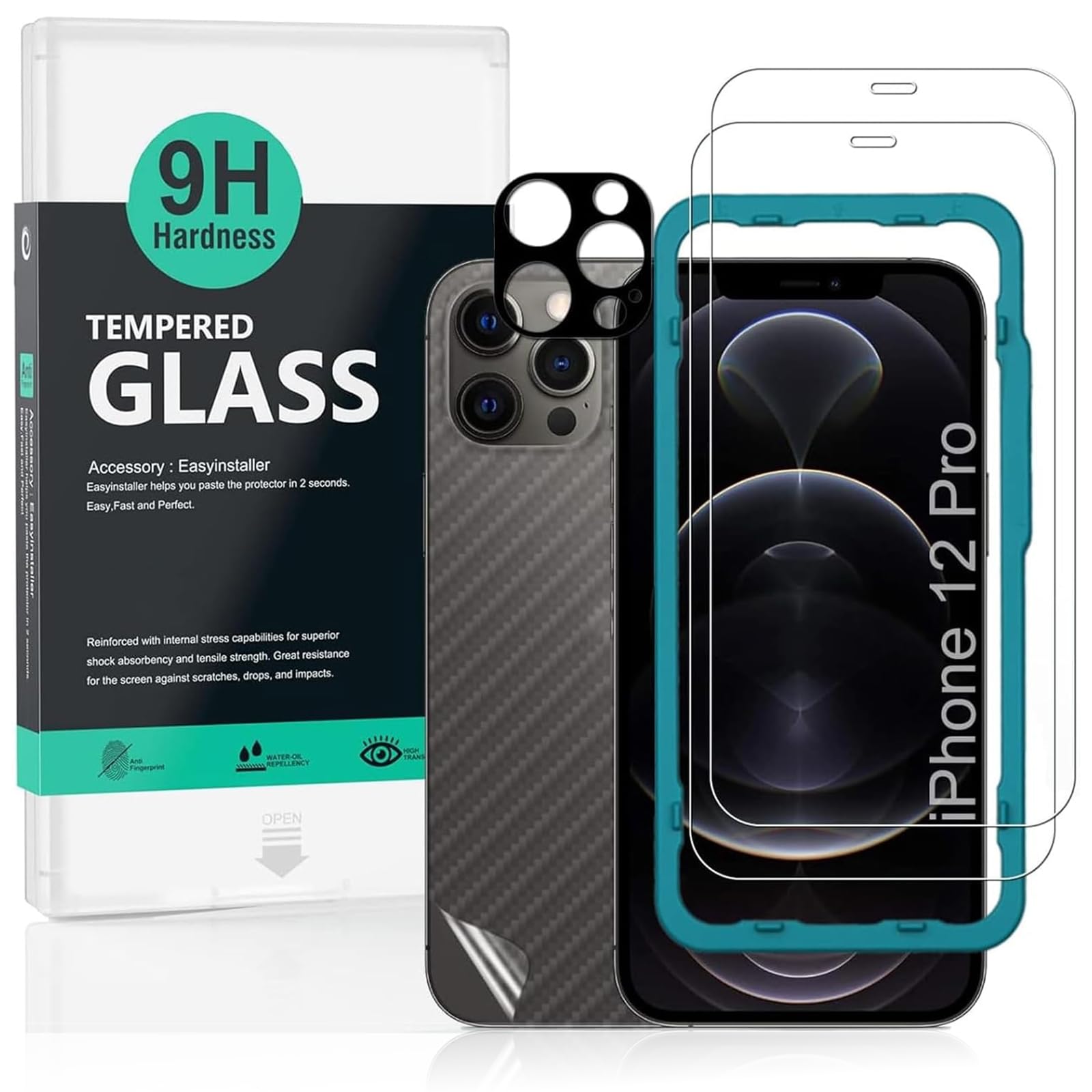 Ibywind Screen Protector (2 Pack) For iPhone 12 Pro,9H Hardness Tempered Glass,With 1Pc Metal Camera Lens Protector,1Pc Back Protector,Easy to Install