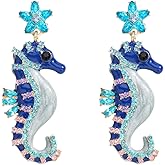 Blue Stars Seahorse Drop Dangle Earrings Cubic Zirconia Beach Ocean Hypoallergenic Cute Fish for Women Holiday Summer Jewelry