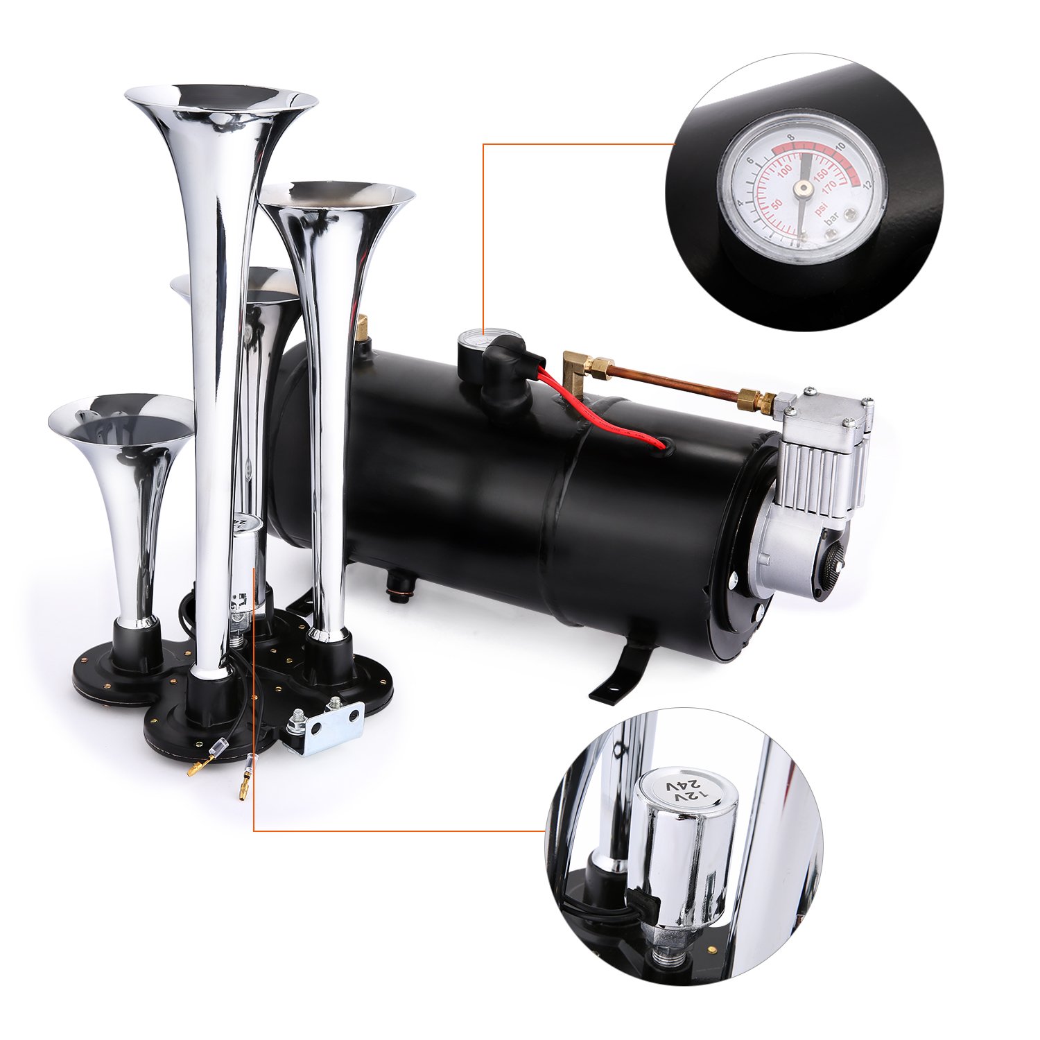 Super Loud 4 Trumpet Train Air Horns kit for Trucks for Car Jeep or SUV Truck Train Van Boat with 120 PSI 12V Compressor and Gauge