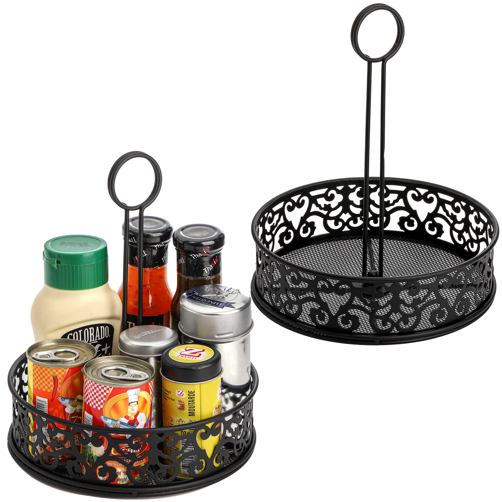 Photo 1 of Lyellfe 2 Pack Condiment Caddy, Restaurant Table Caddy with Menu Number Card Holder, Metal Black Decorative Carved Tabletop Seasoning Organizer for Grill Outdoors, Kitchen Cabinet, Camping