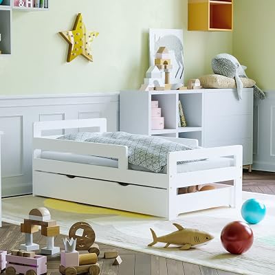 Junior Vida Taurus Wooden Toddler Bed Frame with Storage Drawer - White
