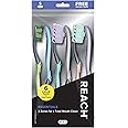 Reach Essentials Toothbrush with Toothbrush Caps, Multi-Zoned Angled Soft Bristles, Contoured Handle, Tongue Scraper, 6 Count