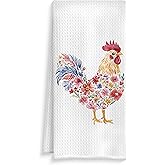 ROXMART Rustic Floral Rooster Kitchen Towels, Gifts for Chicken Lovers Dish Tea Towels, Farmhouse Flower Chicken Decorative Hand Towel for Bathroom Kitchen, 16x24 Inch