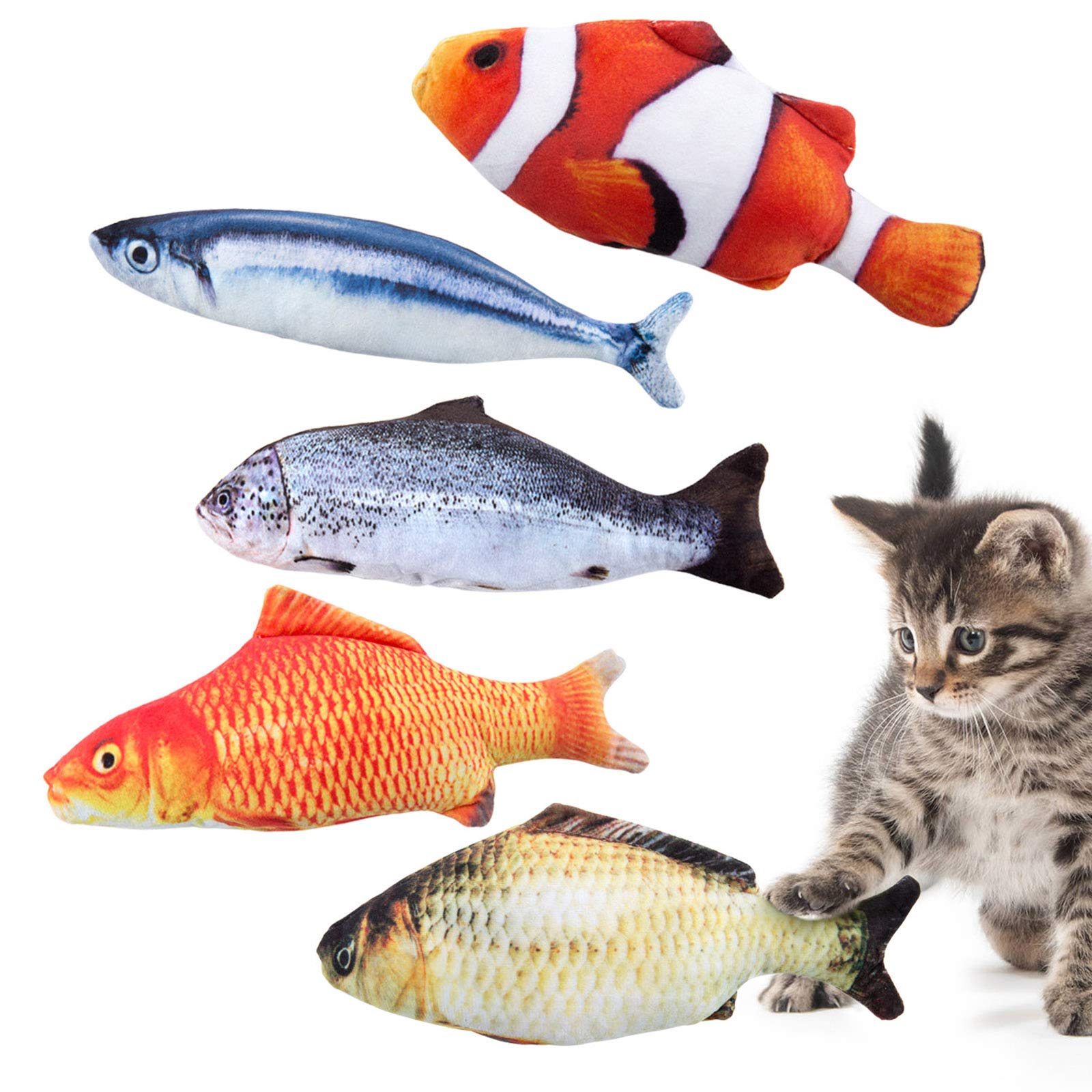 Joeyer Catnip Fish Toys for Cat, 5PCS 20 cm Interactive Plush Cat Catnip Toys, Cat Chew Toys, Cat Pillow, Teeth Cleaning Toys for Cat