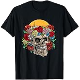 Sugar Skull Halloween Roses Flower Women Girls T-Shirt