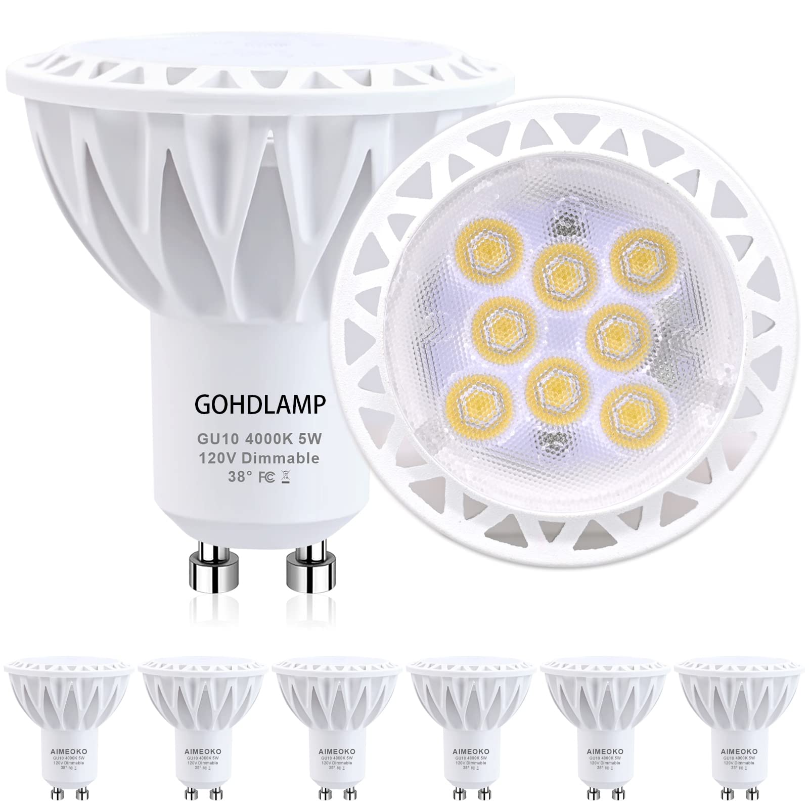 GOHDLAMP GU10 LED Bulbs 2 Pin Spot Light Bulb 4000K Daylight White, GU10 LED Bulb Replacement Recessed Track Lighting, 50W Halogen Equivalent, 5W 450LM 38° Beam Dimmable, Pack of 6