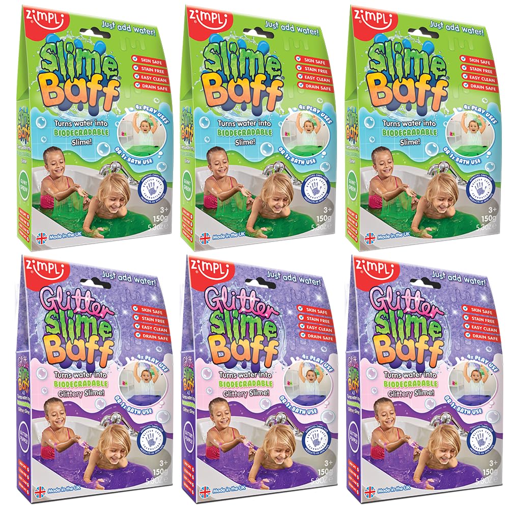 ZIMPLI - 6 x Slime Baff Bundle Pack, Green & Purple, Magically turns water into gooey, colourful slime, Party Bag Filler Toys, Certified Biodegradable