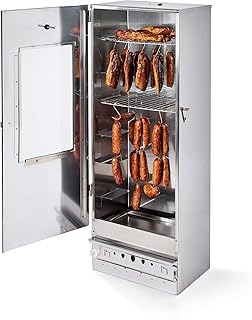 KAISER COMPANY '100' Hochwertiger Räucherofen/Räucherkammer aus Edelstahl für Holz I Tragbare Räucherei 110 cm I Perfekt zum Räuchern I bis zu 15 kg Fleisch mit Zubehör I ROSTFREI