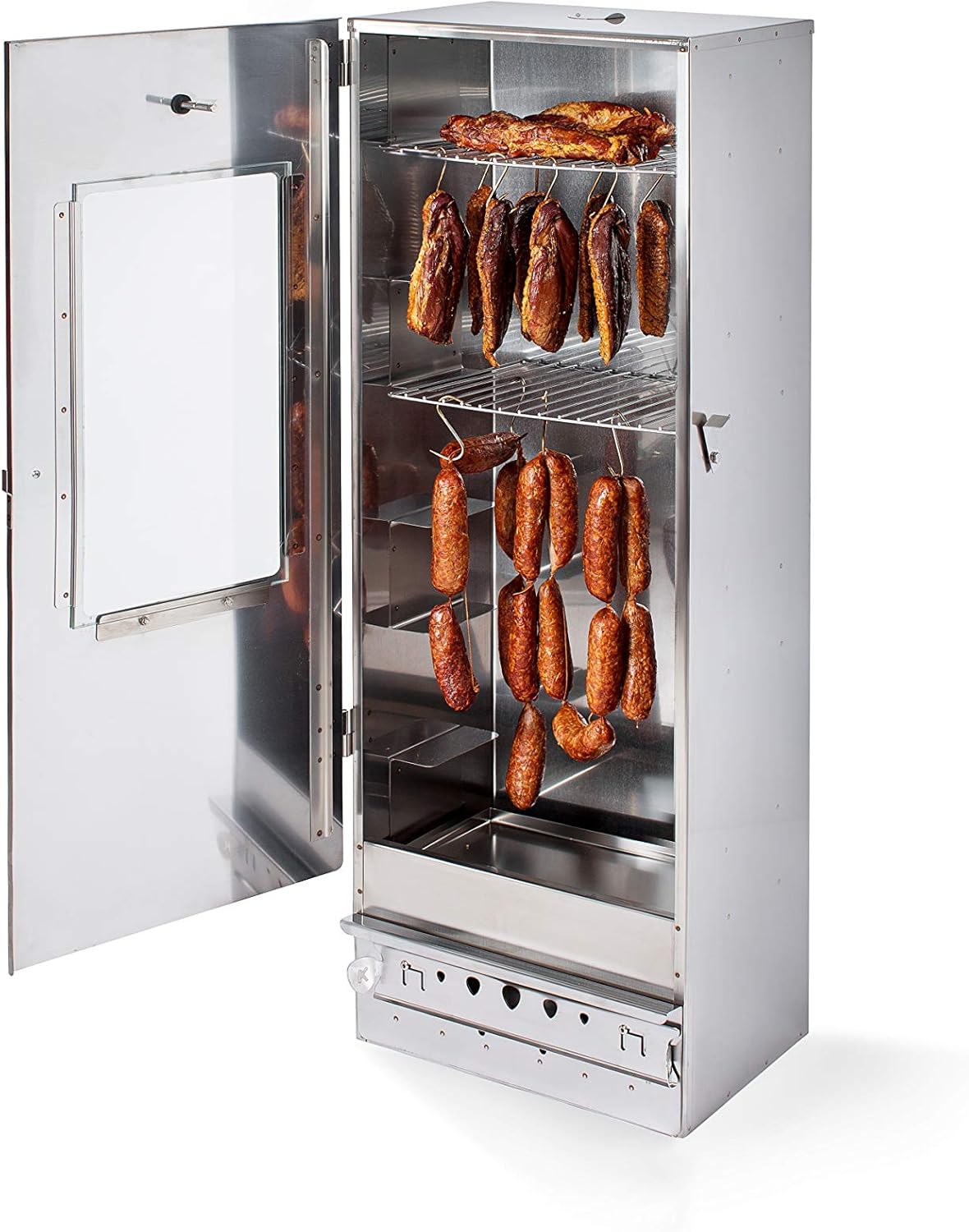 KAISER COMPANY '100' Hochwertiger Räucherofen/Räucherkammer aus Edelstahl für Holz I Tragbare Räucherei 110 cm I Perfekt zum Räuchern I bis zu 15 kg Fleisch mit Zubehör I ROSTFREI