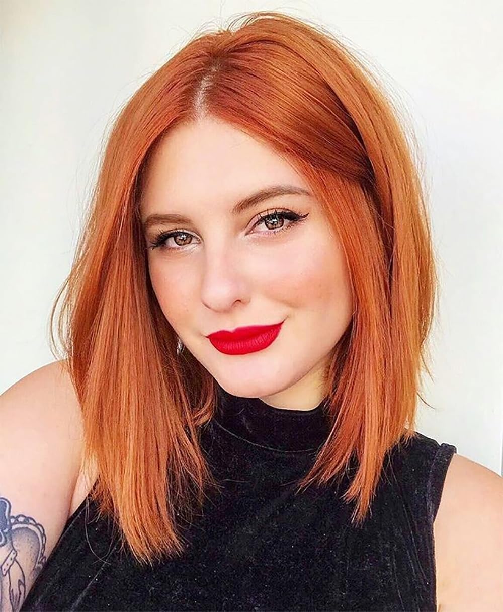 PORSMEER Quality Orange Short Bob Straight Hair Wigs for Women Natural Looking Shoulder Length Full Wig Middle Part for Girls Fancy Dress Party or Daily (Ginger)