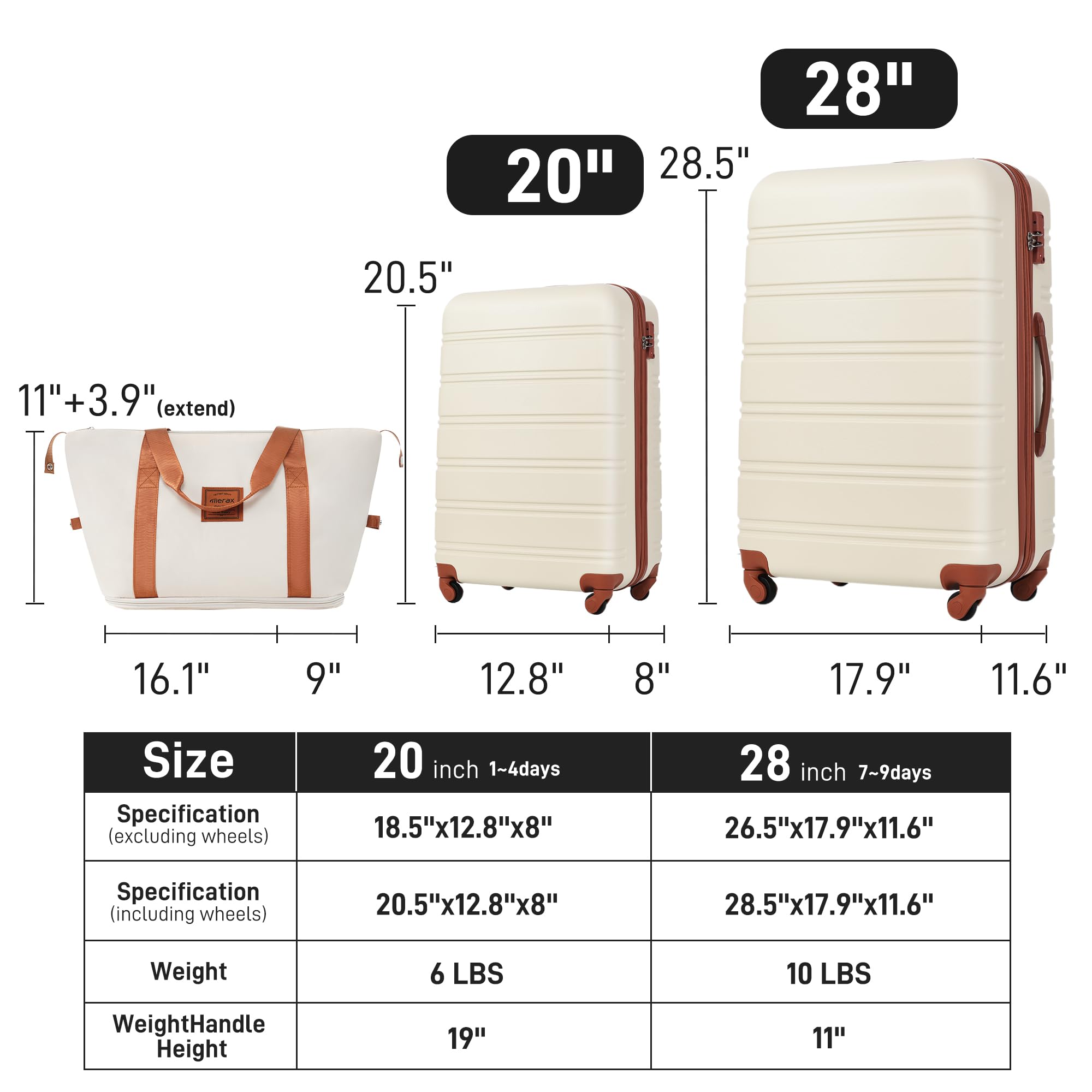 Merax Luggage Sets 2 Piece Expandable Hardside Luggage with Travel Bag Suitcase Set with Spinner Wheels(20+28+bag,Brown+White-1)