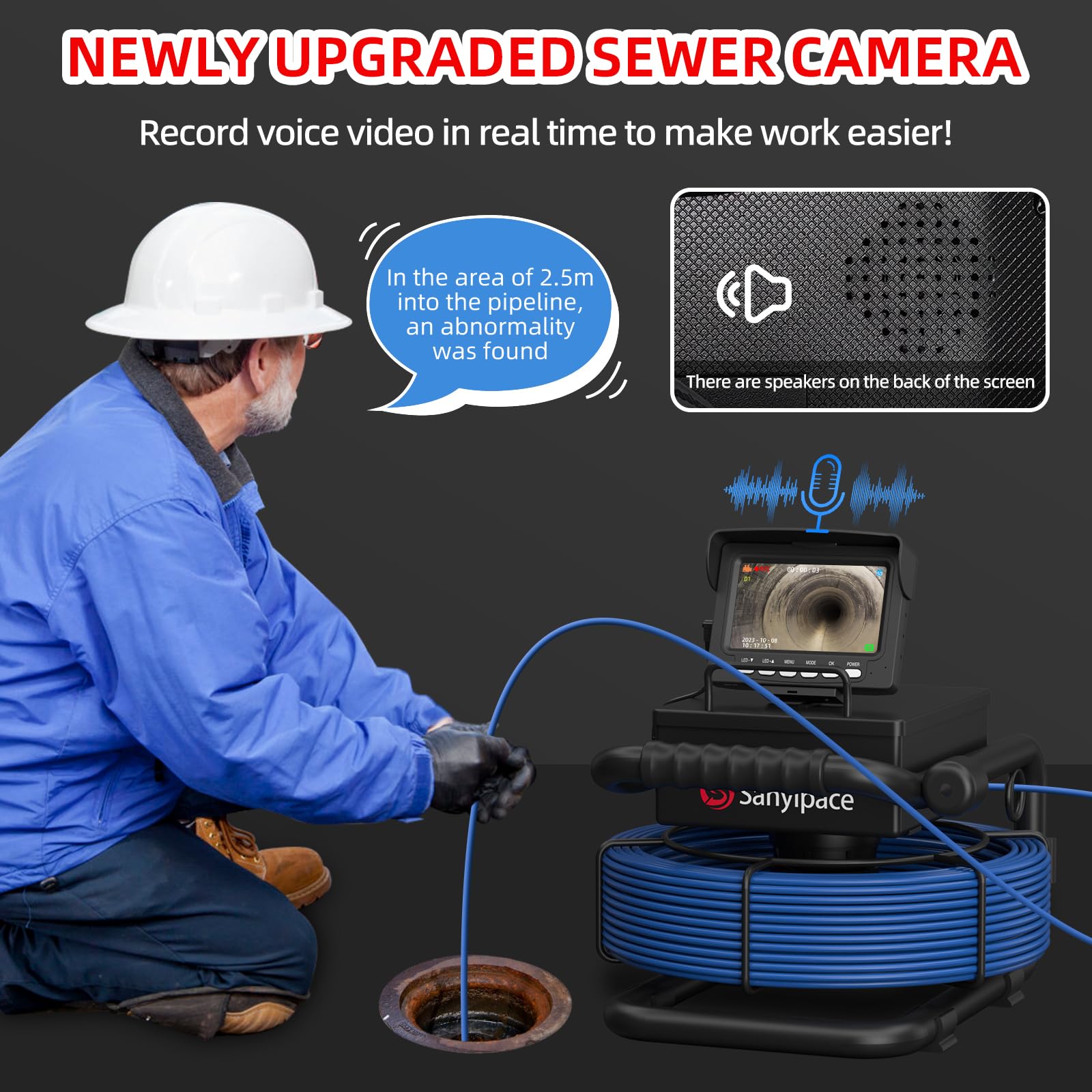 Rohrkamera 30M mit Licht, Sanyipace kanalkamera mit 4.3" Bildschirm, DVR & Audio Recorder, IP68 Wasserdicht Kanalinspektionskamera, 5600mAh Akku, Mikrofon, Inklusive 32GB TF-Karte 2