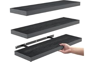 BAYKA Floating Shelves for Wall, Wall Mounted Rustic Wood Shelves for Bathroom, Bedroom, Living Room, Kitchen, Hanging Shelf for Books/Storage/Room Decor with 22lbs Capacity (Black, Set of 3, 15.7in)