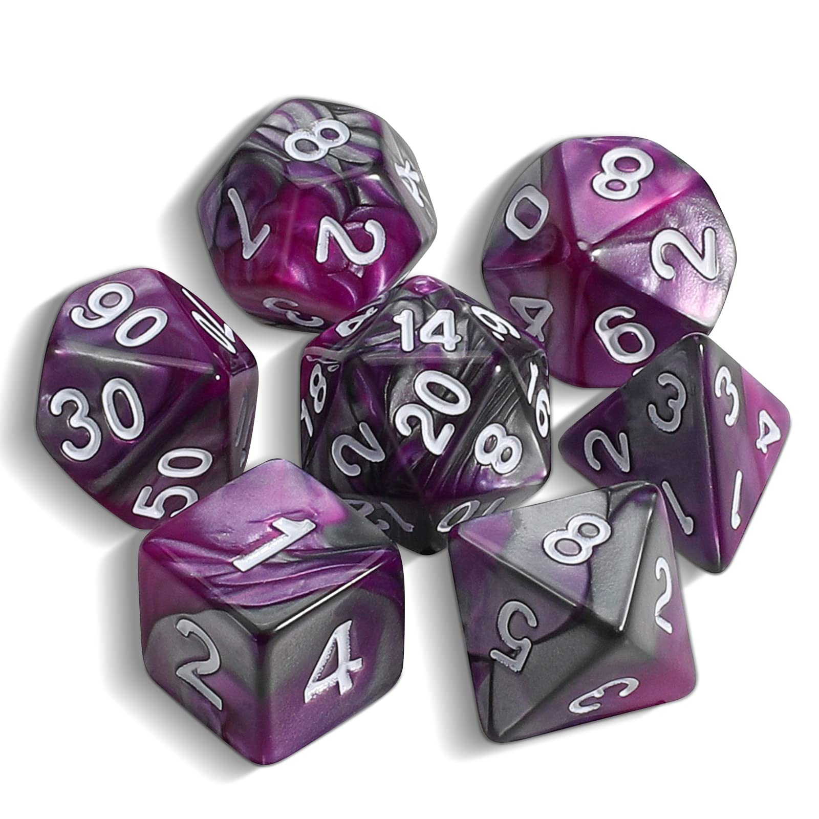 QMAY DND Dice Polyhedral Dice Set - 7 Pieces for Dungeon and Dragons MTG RPG D&D D20, D12, D10, D%, D8, D6, D4 (Purple Mixed Silver)