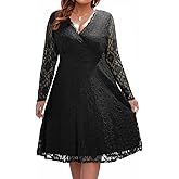 Women Plus Size Wedding Guest Dresses Cocktail Black Wrap Lace Fall Formal Long Sleeve Knee Length Evening Party Dress